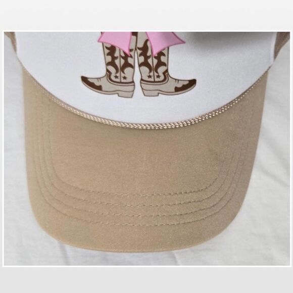 New Trucker Hat Cowboy Boots Pink Bow Tan & White - Picture 8 of 14